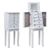 Standing Jewelry Armoire with Mirror, 5 Drawers & 8 Necklace Hooks, Jewelry Cabinet Chest with Top Storage Organizer , 2 Side Swing Doors(White)