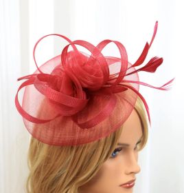 European And American Jockey Club Headdress Billycock Feather Top Hat Mesh Hat Bridal Headdress Flower Ball Party Hair Accessories (Color: Wine Red)