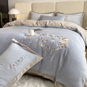 Thickened Thermal Coral Fleece 4-piece Set (Option: Eucalyptus Blue And Gray-180cm Bed 4pcs)